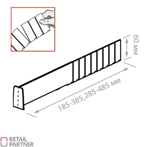 Oddzielacz towaru wysokość 60mm z frontem o wysokości 60mm.  Długość maksymalna 385 mm. Schemat