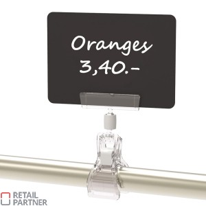 Klips do tub, półek itp. z kulkowym uchwytem do cienkich tabliczek i laminatów