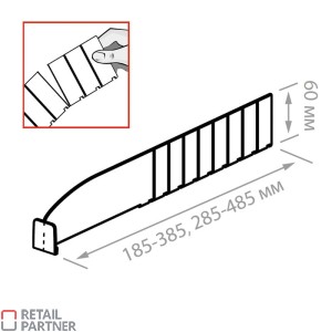Oddzielacz towaru wysokość 60 mm z frontem o wysokości 30 mm. 485 mm. Rysunek